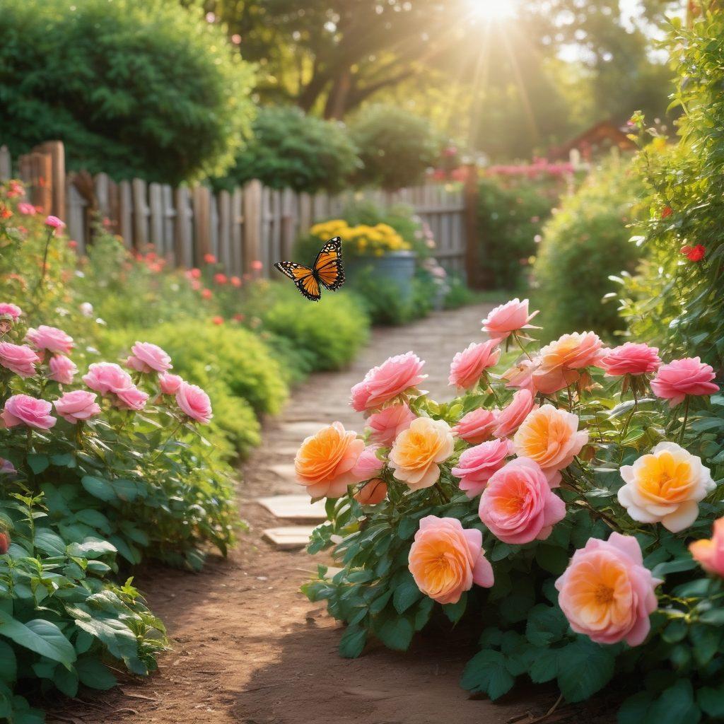 A serene garden scene showcasing a variety of antique roses in full bloom, surrounded by lush green plants and eco-friendly gardening tools like a wooden trowel and a compost bin. The sunlight filters through the trees, casting a warm glow on the vibrant petals, while butterflies flutter about, symbolizing a sustainable ecosystem. Include a rustic wooden fence in the background to enhance the charm. naturalistic style. vibrant colors. soft focus.