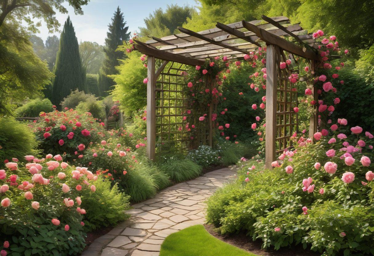 A lush garden filled with various vibrant heritage roses in full bloom, showcasing their rich colors and unique petal shapes. Include an inviting wooden trellis adorned with climbing roses, surrounded by greenery. Soft sunlight filtering through leaves, creating a warm and serene atmosphere. Subtle gardening tools placed nearby to emphasize cultivation. painterly style with soft focus and pastel colors.