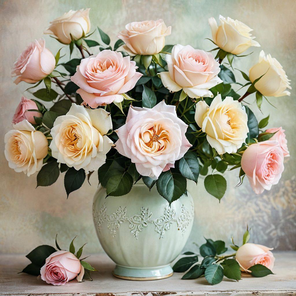 Create an enchanting floral design scene featuring an array of exquisite vintage rose varieties in soft pastel hues, elegantly arranged in an antique vase. Surround the roses with delicate greenery and subtle textures that evoke a sense of nostalgia. The background should softly blur to focus on the intricate details of the roses, illuminated by warm, natural light. watercolor painting. vintage style.